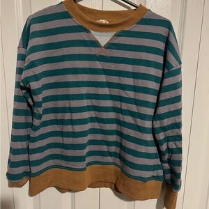 Hem & Thread Teal and Gray Striped Crewneck with Tan Trim